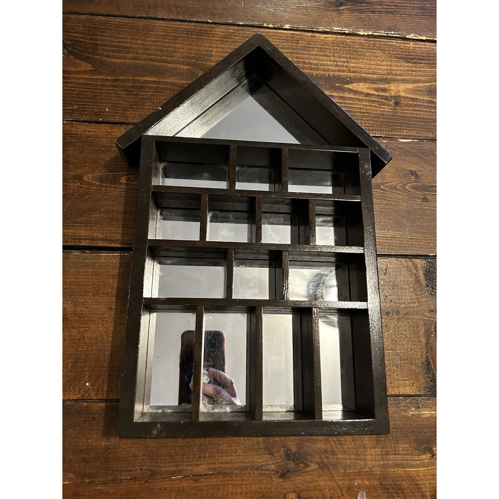 wooden house shadow box with mirror back ground 14 Slots 15x10x1.5"